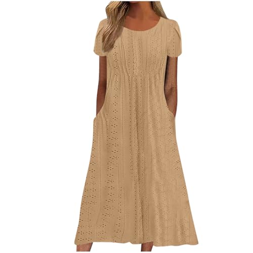Damen Sommer Midikleid Lässig Kurzarm Strandkleid Lange Elegant Sommerkleid Knielang Tunika Kleider Leicht Luftig Shirtkleid mit Taschen Freizeitkleid A Linie Kleid Angebote des Tages Heute Deal