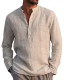 Kvruhuiy Baumwolle Leinenhemd Herren Lang Ärmel Casual Hemd Regular Fit Freizeithemd Shirts Khaki L