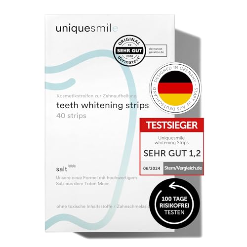 Uniquesmile Zahnaufhellung Whitening Strips - Testsieger 2024-100 Tage risikofrei testen - frei von Peroxid - innovative Formel mit natürlichen Inhaltsstoffen (Sparset 40 Stück)