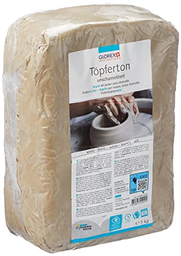 Glorex 6 8073 605 - Töpferton unschamottiert, 5 kg in weiß, geschmeidig und leicht zu verarbeiten, ohne Schamottanteil, lufthärtend und brennbar, für Töpferscheibe geeignet