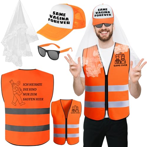 Jga Männer Weste Junggesellenabschied Männer Kostüm,Junggesellenabschied Hut und Schleier,Dekoration Warnweste,Kreative Geschenke für Herren JGA Party Zubehör,Hochzeit Deko