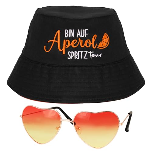BOFUNX Apero Spritz Fischerhut Anglerhut + Retro Orange Brillen in Herzform Apero Party Hut Apero Geschenk für Apero Liebhaber Fasching Karneval Cosplay Kostüme Accessoires