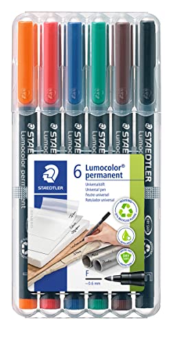 STAEDTLER permanenter Universalstift Lumocolor, wisch- und wasserfest, sekundenschnell trocken, nachfüllbar, F-Spitze - Linienbreite 0,6 mm, 6 Marker in sortierten Farben, 318 WP6