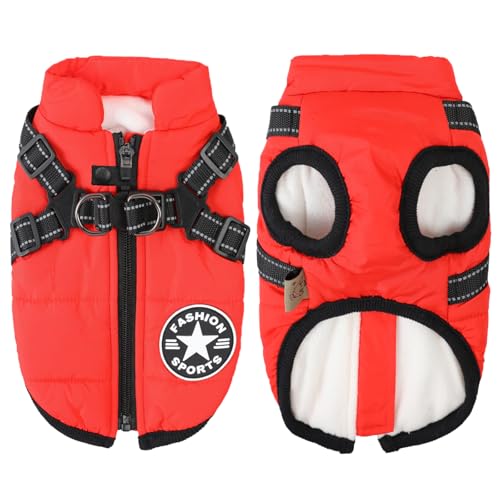 Aiboria Hundejacke Hundeweste Hundemantel Winddicht Jacken Warme Haustier Fleece Hundepullover Gepolsterte Weste mit Brustgurt Gurt Rot XL
