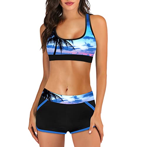 KBOPLEMQ Bikini Damen Set Push Up Sport Bikini Sets Badeanzug Hawaii Zweiteilig Schwimmanzug mit Hot Pants Sport Bikini Set Zweiteiler Oberteil und High Waist Shorts Sportlich Swimsuits