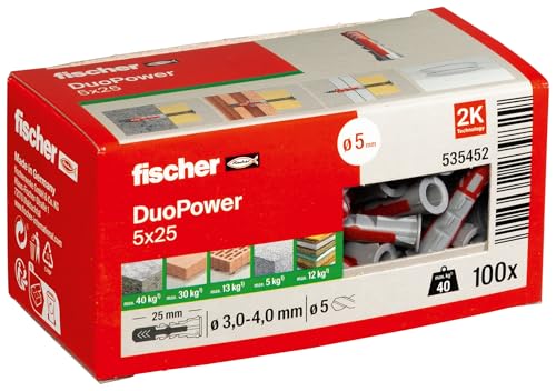 fischer DuoPower 5 x 25, Universaldübel, leistungsstarker 2-Komponenten-Dübel, Kunststoffdübel zur Befestigung in Beton, Ziegeln, Stein, Gipskarton uvm., ohne Schrauben, 100 Stück