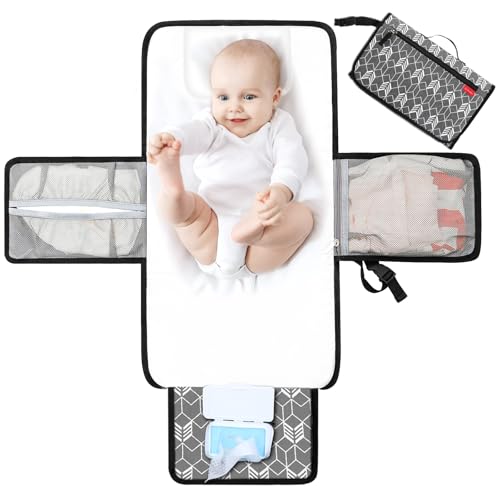 Lekebaby Tragbare Wickelunterlage Unterwegs, Baby Wickelunterlage Waschbar mit 3 Fächern, Wasserdichte faltbare Windeltasche mit Tuchspender und bequemes Kopfkissen, Grau