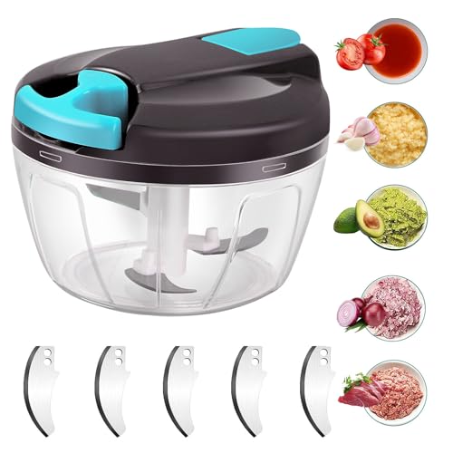 Domkan Zwiebelschneider 520 ml, Zwiebelschneider manuell mit 3 Edelstahlklingen, extra 5 Schneiden und 1 Mixer, Zwiebelschneider, Zwiebelschneider mit Scheibe… (Blau)