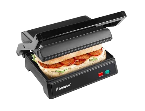 Bestron elektrischer Kontaktgrill mit Auffangschale, Sandwichmaker mit Cool-Touch-Handgriff, Paninimaker mit Antihaftbeschichtung, 700 Watt, APM123Z, Farbe: Mattschwarz, 22,5 x 14 cm
