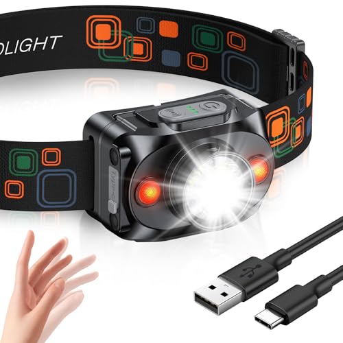 Rolgno Stirnlampe LED Wiederaufladbar, [Ultrahell] Kopflampe mit Sensor & Rotlicht, 6 Lichtmodi & IPX4 Wasserdicht Stirnlampen, 2000mAh Akku, Lange Laufzeit, für Camping, Angeln, Wandern, Nachtlauf