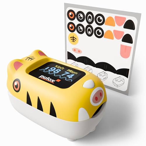 Pulox PO-230 Finger-Pulsoximeter für Kinder in Gelb, Messung von SpO2 und Puls in wenigen Sekunden - mit Stickern zum selbst bekleben