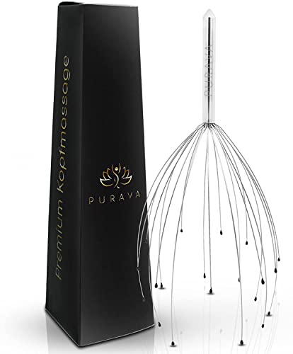 PURAVA ® [Das Original] Kopfmassagegerät mit verbessertem Konzept - Kopfkrauler mit 20 Fingern - Premium Kopfmassage Spinne - Ideal als Geschenk geeigneter Kopf Kratzer
