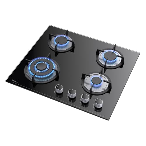 Hermitlux Gaskochfeld 4 Flammig, 60cm, 7800W，Erdgas/Propangas, Automatischer Thermoelementschutz, Schwarz, Einbau Glasherd
