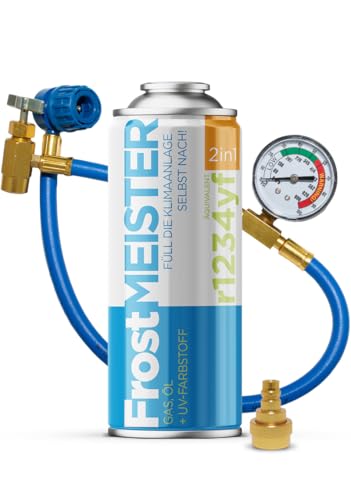FrostMEISTER 2in1 – 400 ml Auto-Klimaanlagen-Nachfüllset inkl. Schlauch mit Manometer & Adapter – Schnelle & einfache Ersatz für das Kältemittel für R1234yf (ab Baujahr 2017)