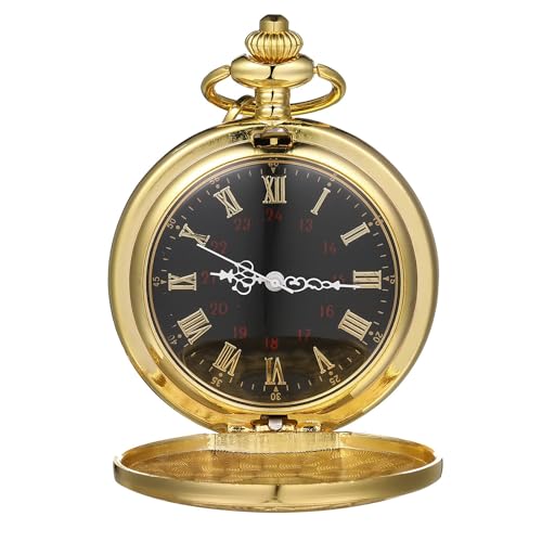 Taschenuhr Herren, Retro Quarz Taschenuhr, Vintage Römische Ziffern Skala Quarz Taschenuhr, Klassische Herren-taschenuhr, Unisex Taschenuhr Mit Kette, Retro Taschenuhr Herren Mit Kette (Gold)