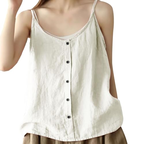 Generisch Damen und Leinen Button-Down-Weste Sommer Vintage Bluse Frau Pullover (Beige, XL)