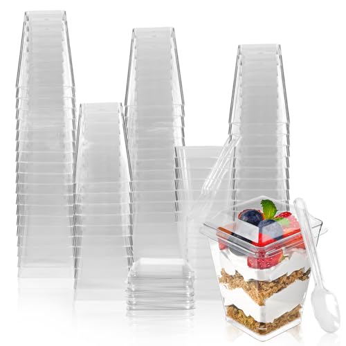 LIUCONGBD 50PCS Plastic Mini Dessert Cups with Lids and Spoons, Reusable Parfait Appetizers Cups, Serving Dessert Bowls for Party Pudding Cheesecake Ice Cream Jelly Yogurt (5oz/150ml)