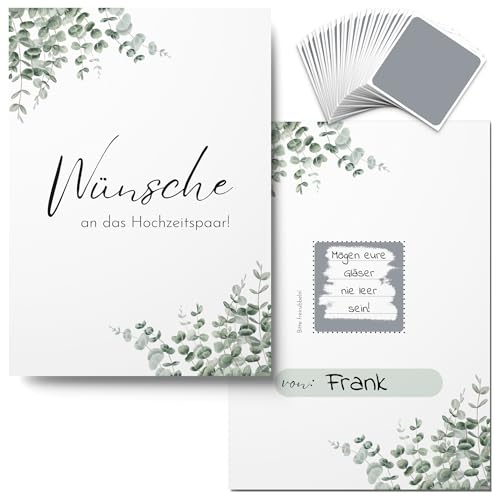 50x Wünsche an das Hochzeitspaar - Rubbelkarten Wunschkarten als Alternative zum Gästebuch (Eukalyptus)