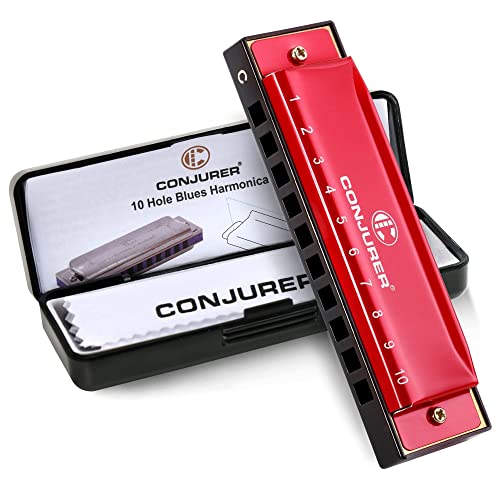 Conjurer Blues Mundharmonika C-Dur Anfänger& Kinder Blues Harp C 10-Loch Diatonische Harmonika Instrument Muntamonika mit hochwertigen Messing Stimmzungen und Hervorragender Klang, 1001 C Dur, Rot