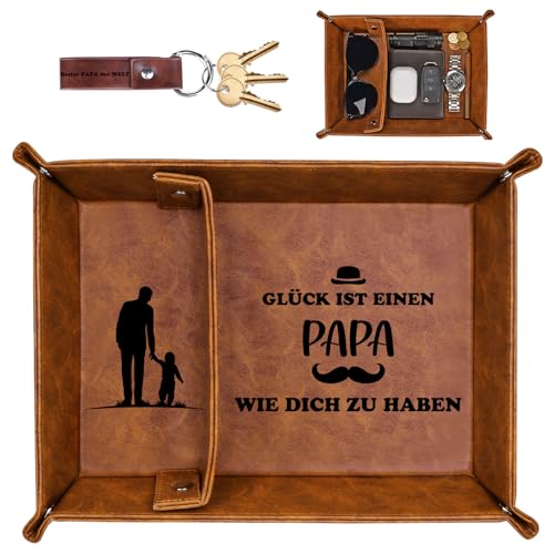 Schreibtisch Organizer Vatertagsgeschenke für Papa, Bester Bonus Papa Geschenk für Vater Stiefvater Schwiegervater, Geschenkideen Geburtstagsgeschenk für Papa, PU-Leder Taschenleerer Ablage Tablett