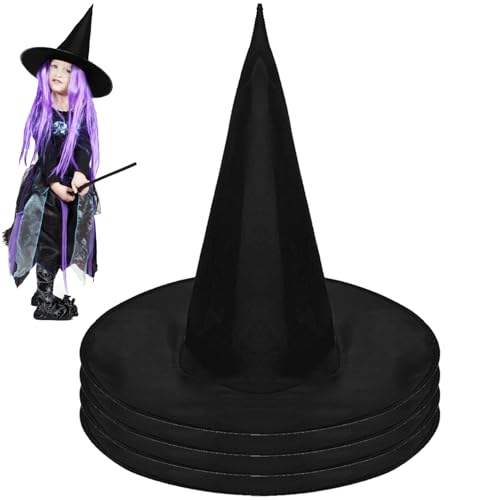 AUNGKWANG 4er Pack Halloween Hexenhüte, 3/4/5/10 Stück Hexen Zubehör, Hexenhut Unisex, Zauberer Hut für Erwachsene, Dress-up Cosplay Kostüm Zubehör, Zauberer Kostüm für Halloween Karneval (Schwarz)