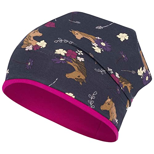 Smarilla Mädchen Mütze Übergangsmütze Beanie Pferde Katzen Punkte Frühling Herbst, Bekleidungsgröße: 54-56, Farbe: Dunkelblau-Pink