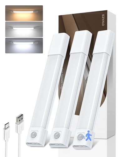 EZVALO Schrankbeleuchtung 20CM, 30 LED Schrankleuchte Led mit Bewegungsmelder, Unterbauleuchte Küche LED mit 3 Farbtemperaturen Dimmbar Wiederaufladbar für Kleiderschrank, Küche, Treppe (3 Stück)