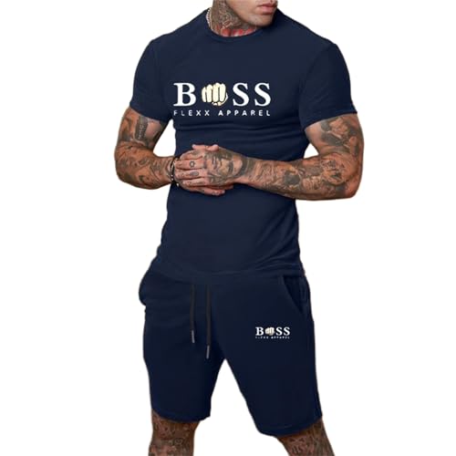 Herren Set T-Shirt und Shorts, 2-teiliges Outfit, lässiger Sommer-Trainingsanzug mit Tasche, Übergröße, sportlich, stylischer Jogginganzug