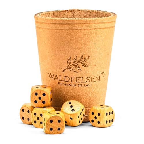 Waldfelsen® Echtleder Würfelbecher (9 cm) mit 6 Holzwürfeln (16 mm) aus Buchenholz Lederbecher Würfelset Augenwürfel Spielwürfel (Farbe: Beige)