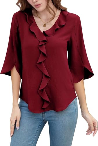 NAIOSS Damen Bluse Elegant 3/4 Ärmel Oberteile Sommer Shirts V-Ausschnitt Lotusblatt Rand Blusen Tunika Tops(weinrot/M)