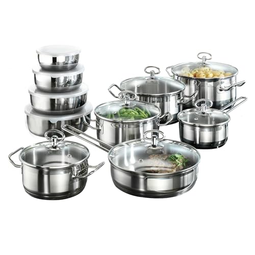 Karcher Topfset Jasmin 20-teilig | Edelstahl Kochtopf Set Induktion inkl. Glasdeckel | Töpfe & Pfanne spülmaschinenfest & backofenfest | Kochgeschirr für alle Herdarten mit Edelstahlschüsseln