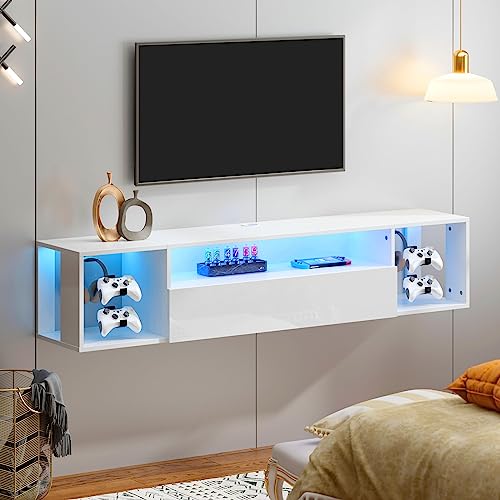 SogesHome TV-Bänke & Lowboards TV- & Phonomöbel Wandmontierter TV-Ständer mit 4 Ablagefächern Schwebender Wand-TV-Schrank Ständer mit LED-Leuchten Modernes Unterhaltungszentrum Medienkonsole Tisch