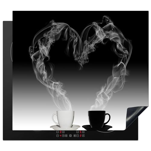 KitchenYeah© Herdabdeckplatte Einteilig Ceranfeld Abdeckplatte Küche Deko Ceranfeldabdeckung Herdabdeckung Induktionsmatte Kaffee - Herz - Schwarz-Weiß - Stilleben - 60x52 cm