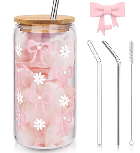 boocooberg 16 oz Glas Becher mit Deckel und Strohhalm,Rosa Niedlich Bow Design Vielseitig für Kaffee,Cocktails Tea und mehr geeignet (Style 1)