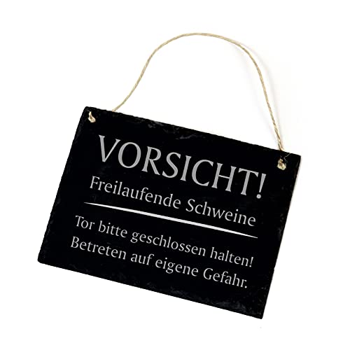 Schiefertafel Schild - Vorsicht! Freilaufende Schweine - Schiefer Schwein Schweinestall Warnschild Zaunschild 22x16cm