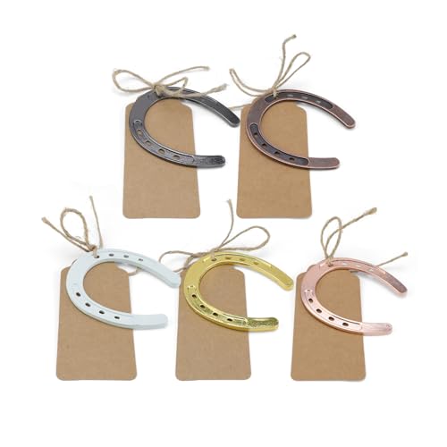 SRJQXH Hufeisen Glücksbringer, 5 Stücke Hufeisen Deko, Hufeisen mit Gravur, Hufeisen Geschenk mit Kraftpapieretikett, für Dekoration Von Hochzeiten, Jubiläumsfeiern, Brautpartys, Geburtstagsfeiern
