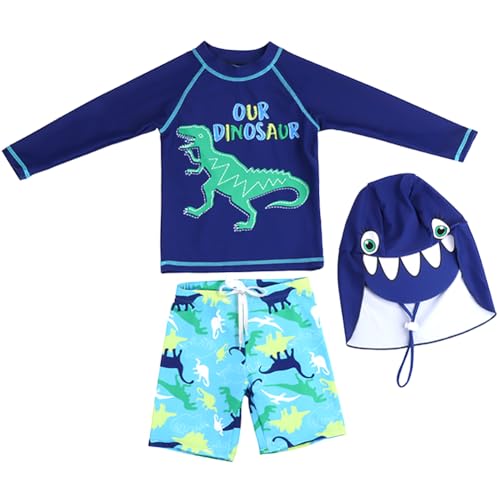 AIWUHE Jungen Badeanzug Zweiteiliger Swimsuit Trunk and Rashguard Set Schwimmshirt Uv-Schutz Dinosaurier Bade-Set mit Hut Grüner Dinosaurier 110
