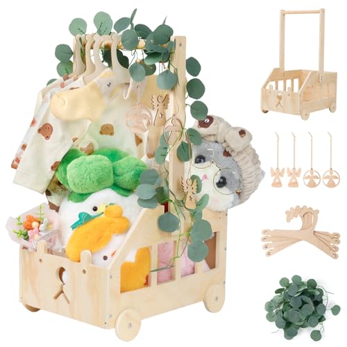 Wuciray Babyparty Geschenk mit Griff Wickelkorb mit Holzrädern Kinder Holz Holzkiste Babygeschenk Geschenkkorb Baby Korb für Geschenke Baby mit Dekorblättern Holzkleiderbügel und Engel-Tag