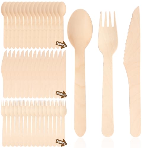 Heuchaey 300-teilig Besteck aus Holz, Eco Besteck, nachhaltig, 100 Holzgabeln, 100 Holzlöffel, 100 Holzmesser, Holzbesteck Set, biologisch abbaubar, besteck für Grillen, Party-Picknick