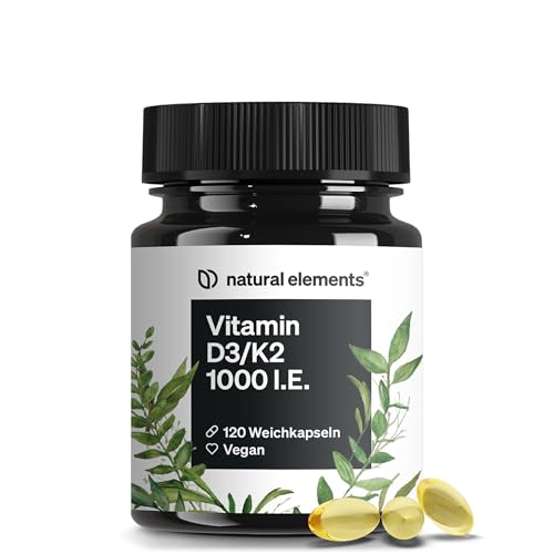 Vitamin D3 + K2 Softgel Kapseln – hochdosierte 1.000 I.E. Vitamin D3 und 20μg Vitamin K2 – 120 Kapseln – vegan, ohne unnötige Zusätze – in Deutschland produziert & laborgeprüft