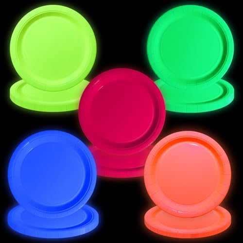 APUXXJUPA 50 Stück bunte Neon Partyteller - Glow in the Dark Supplies Neon Geburtstag Pappteller für Let's Glow Party Dekorationen Halloween, 23 x 23 cm