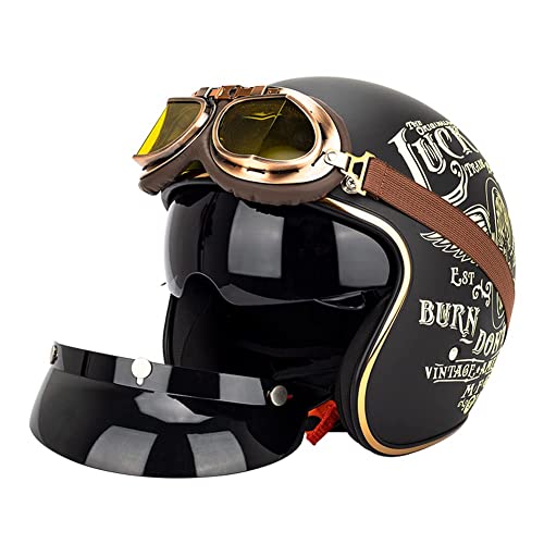 RUTXE Retro Motorrad 3/4 Halbhelm Moped Pilot Helm Jethelme Mit Sonnenblende Brille Vintage Roller Jethelm Cruiser Chopper ECE/DOT Approved (Lucky 13) (59~60cm L)