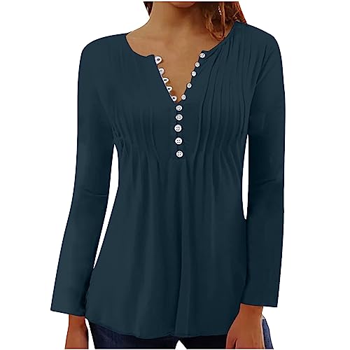 Langarmshirt Damen Plissee Bluse Elegant Longshirt Sexy V-Ausschnitt Pullover Locker Lässige Tunika Oberteile Basic Tops Große Größe Festliches Longbluse Mode Kleidung mit Falten