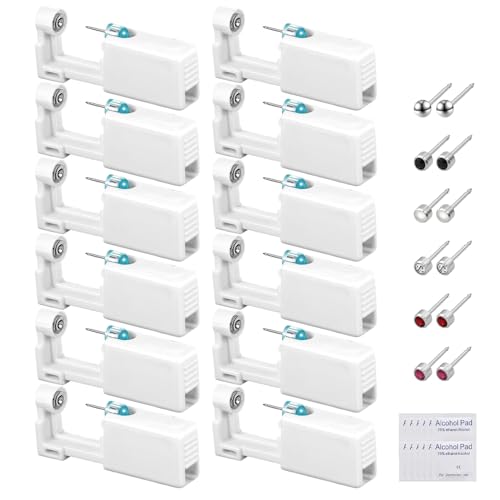 XIAQICA Ohrlochpistole 12 Stück Ohrloch Stecher Set Ohrringe Pistole Piercing Sets mit Alkoholtücher, Sicher und Tragbar für Mädchen, Frauen und Männer Selbst Piercing