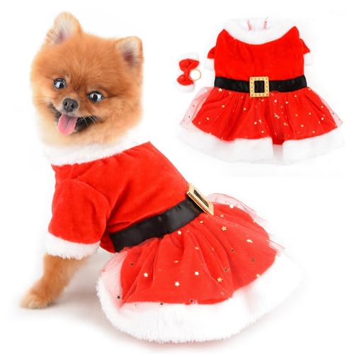 PAIDEFUL Weihnachtliches kleines Hundekleid für Mädchen, Welpen, klassisches Weihnachtsmann-Kostüm mit Tüllrock und Haarschleife, Haustierurlaub, Cosplay, Outfit, Katzenbekleidung, Yorkie, Chihuahua,