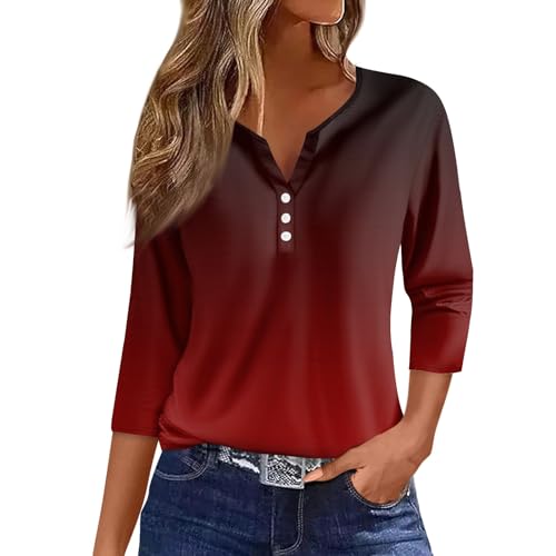 Warehouse Deals Angebote Kleidung,3/4 Arm Shirt V-Ausschnitt Knopfleiste Pullover Sommer Tshirt Leichte Bluse Klassische Oberteil Basic Tops,Rot,XL