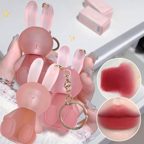 Baorder 3 Farben Cute Rabbit Matte Liquid Lipstick Set, Velvet Lip Glaze 2 in 1 Schlüsselanhänger Gloss Stain, Wasserdichte Langlebige Non-Stick Cup Clay Cute Make-up für Mädchen