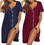 Ekouaer 2er Damen Nachthemd mit Knopfleiste Kurz Nachtkleid Kurzarm Sleepshirt Schlafshirt Baumwolle Geburtskleid Krankenhaus L