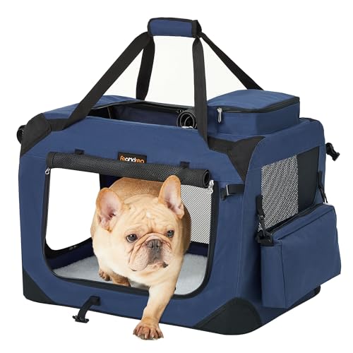Feandrea Hundebox faltbar, Transportbox Hund, M, Hundetasche, Oxford-Gewebe, Netzstoff, atmungsaktiv tragbar transportabel, Metallrahmen, mit Griffen, Taschen, 60 x 42 x 42 cm, dunkelblau PDC60Z