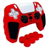HLRAO Rot & Schwarz Anti-Rutsch-Skin für PS5 Controller, weiche, verdickte, mit Nieten besetzte Schutzhülle aus Silikon, kompatibel mit PS5/Slim/Pro Controller mit 8 Daumengriffkappen.